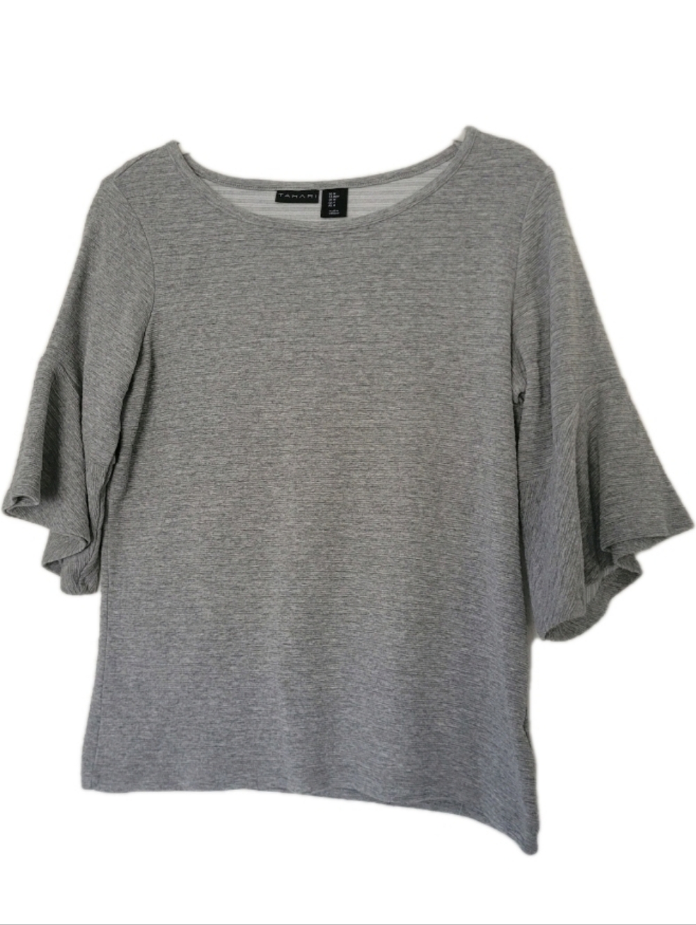 Tahari Medium Grey Bell Sleeve Pullover Top Textured Stripe Basic Ribbed Minimal